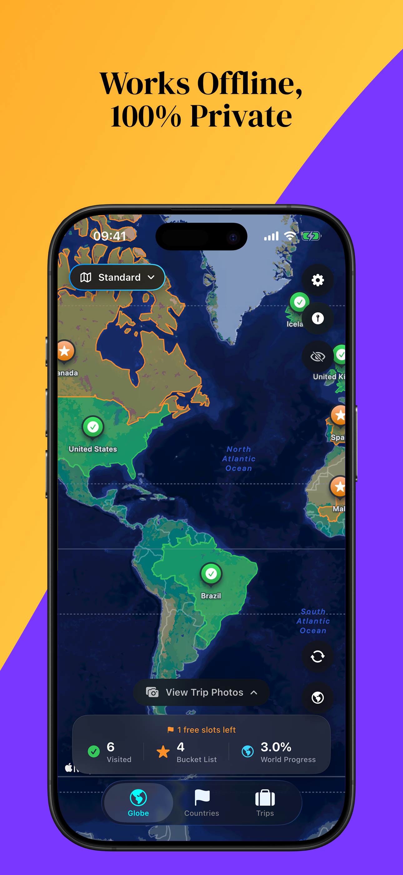 Worldmarks app: country detail page with photos and notes